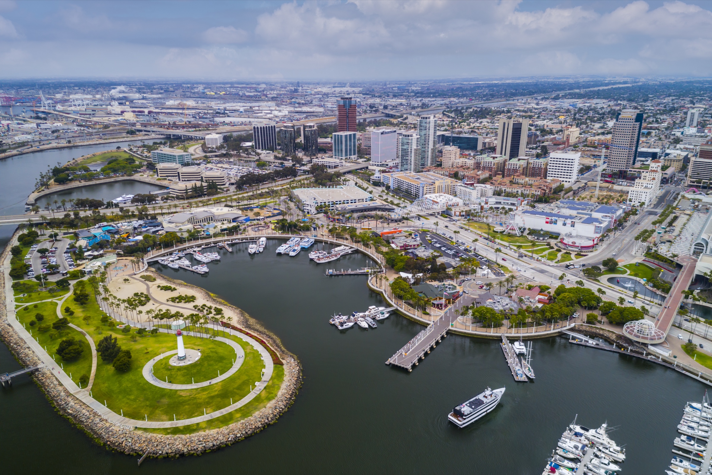 Aerial view of the Long Beach waterfront, marina, and downtown skyline